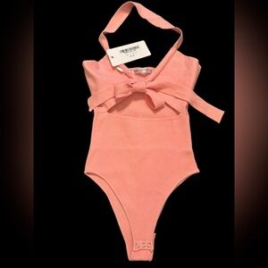 SAINTS + SECRETS HALTER TOP Pink bow bodysuit holiday pool Resort size Med NWT!